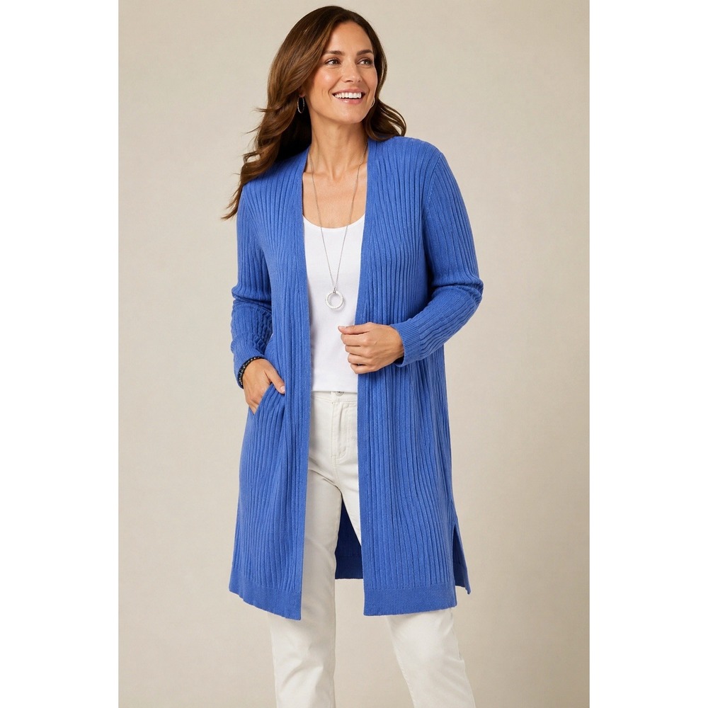 Soft Surroundings Long Cardigan L Blue Bonnet Ribbed Open Front NWT $99